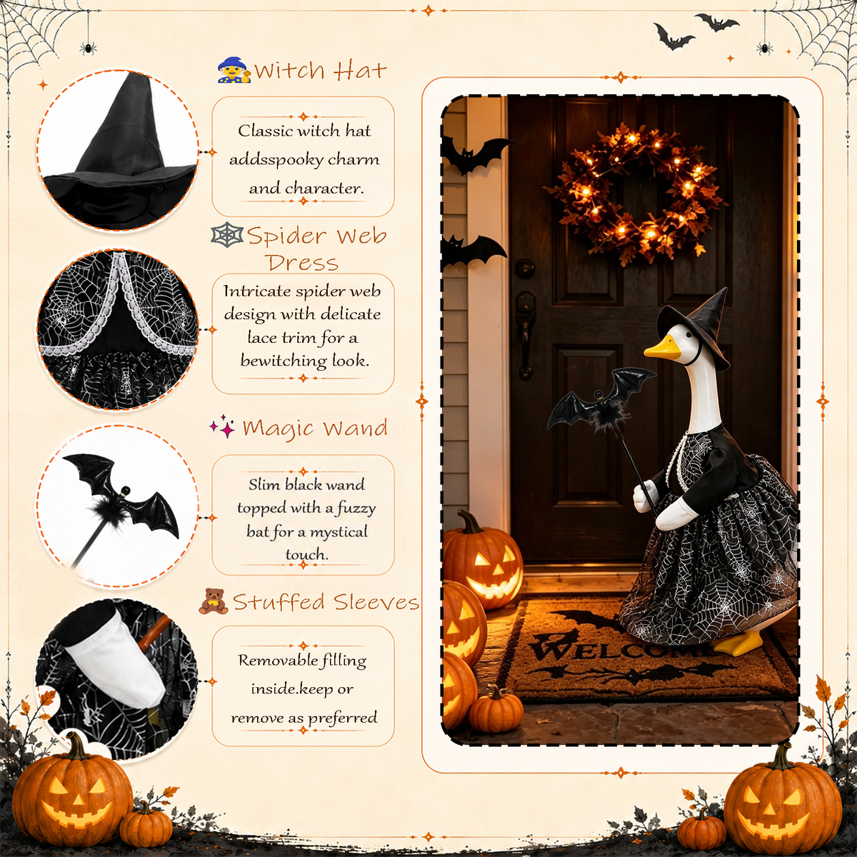 Halloween Porch Goose Outfit for 23 Inch Goose Statue, Witch Costume